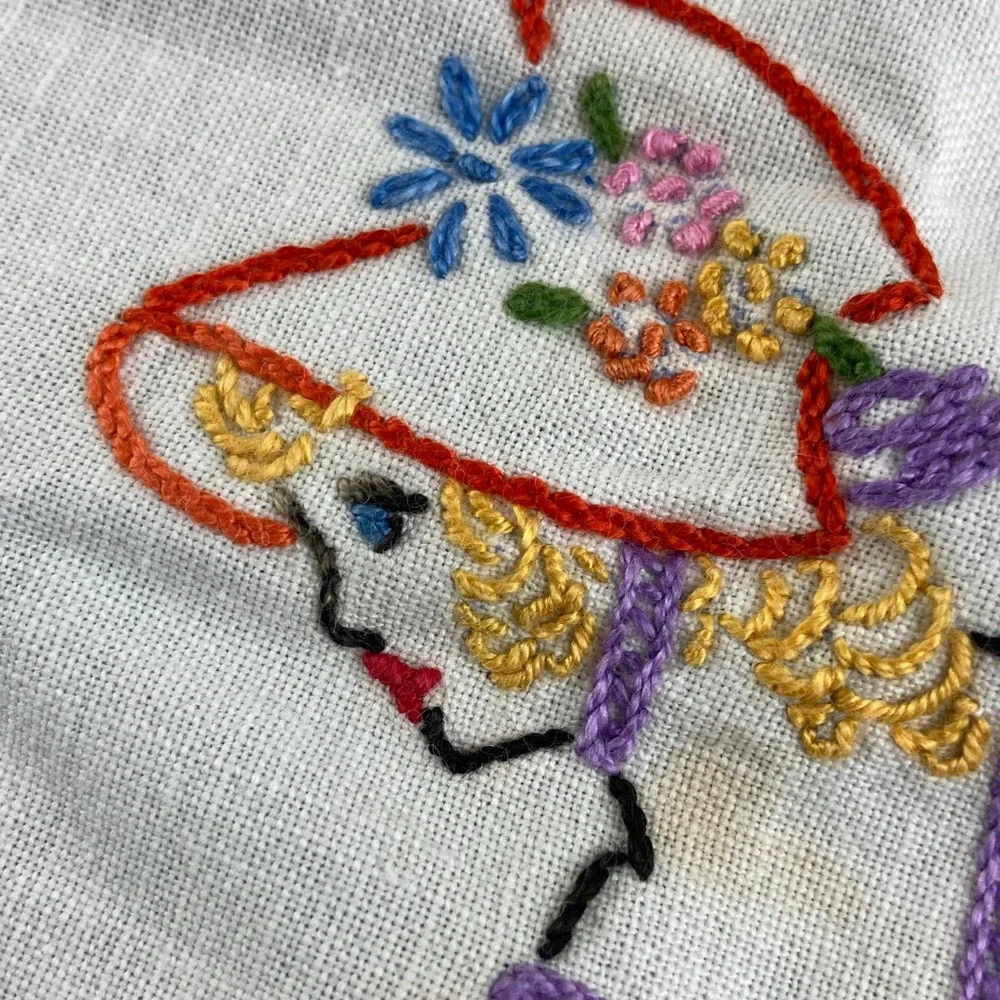 Vintage Hand Embroidered Linen & Lace Tablecloth Crinoline Ladies in Hoop Skirts